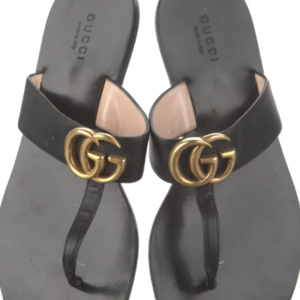 GUCCI Double G Logo Leather Flip Flops - Picture 3 of 5